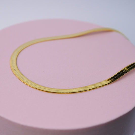 Flat Herringbone Chain Necklace - 18K Gold Plated Sterling