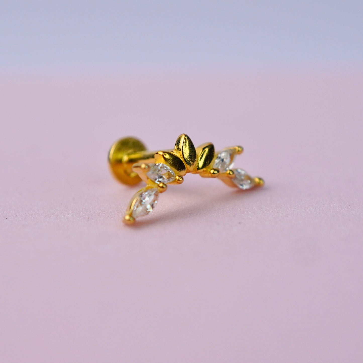 Curved Petal Stud Earring with Cubic Zirconia - 14K Gold Plated Sterling Silver