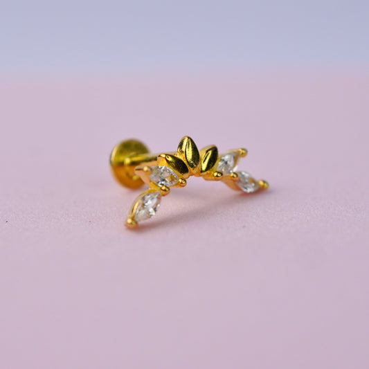 Curved Petal Stud Earring with Cubic Zirconia - 14K Gold Plated Sterling Silver