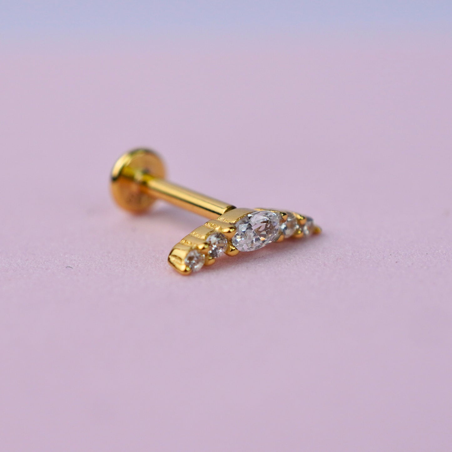Curved Bar flat back Earring with Cubic Zirconia - 14K Gold Plated Sterling Silver