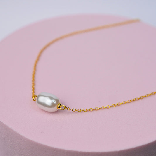 Single Pearl Necklace - 14K Gold Plated Sterling Silver