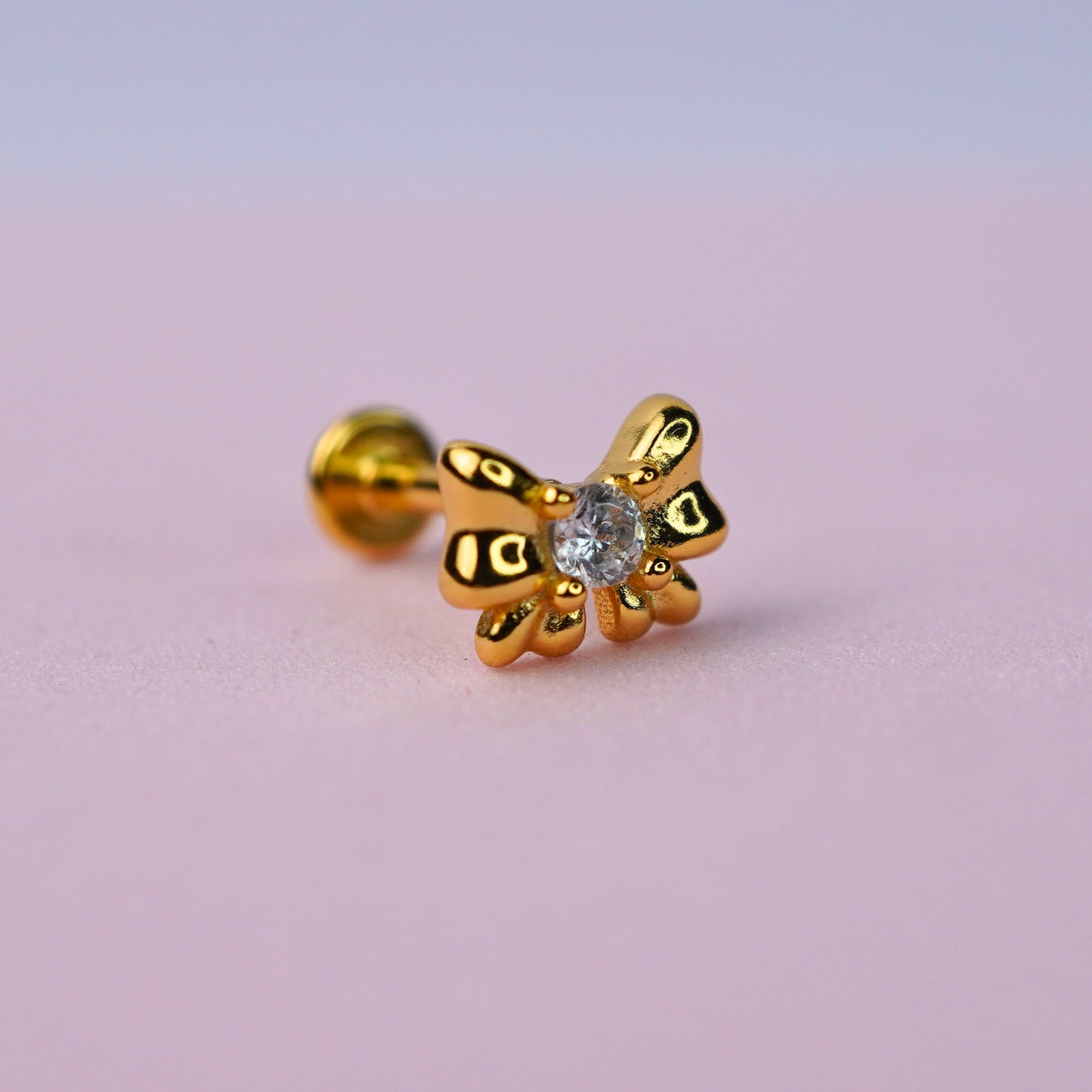 Bow Flat Back Earring with Cubic Zirconia - 14K Gold Plated Sterling Silver