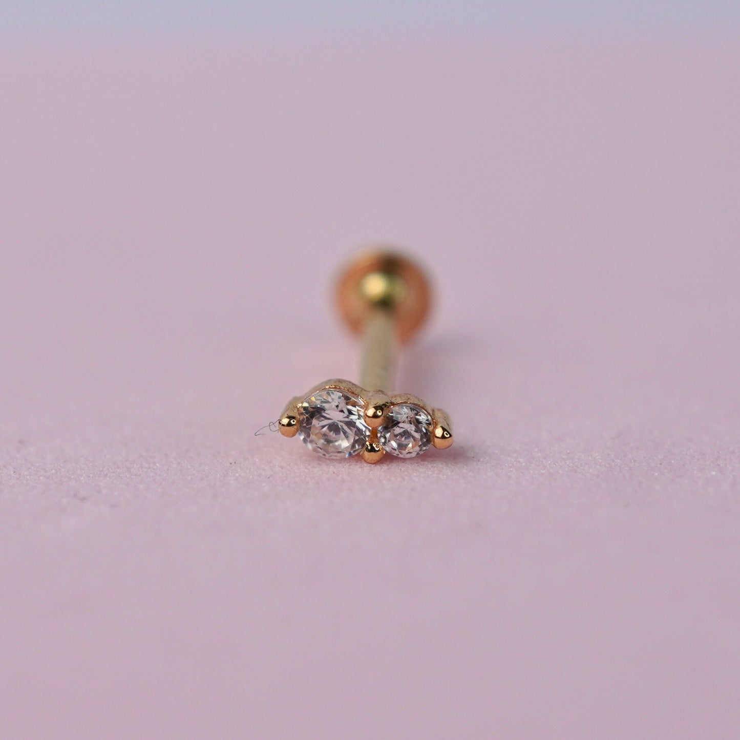 Double Stone Stud Flat back Earring with Cubic Zirconia - 14K Gold Plated Sterling Silver