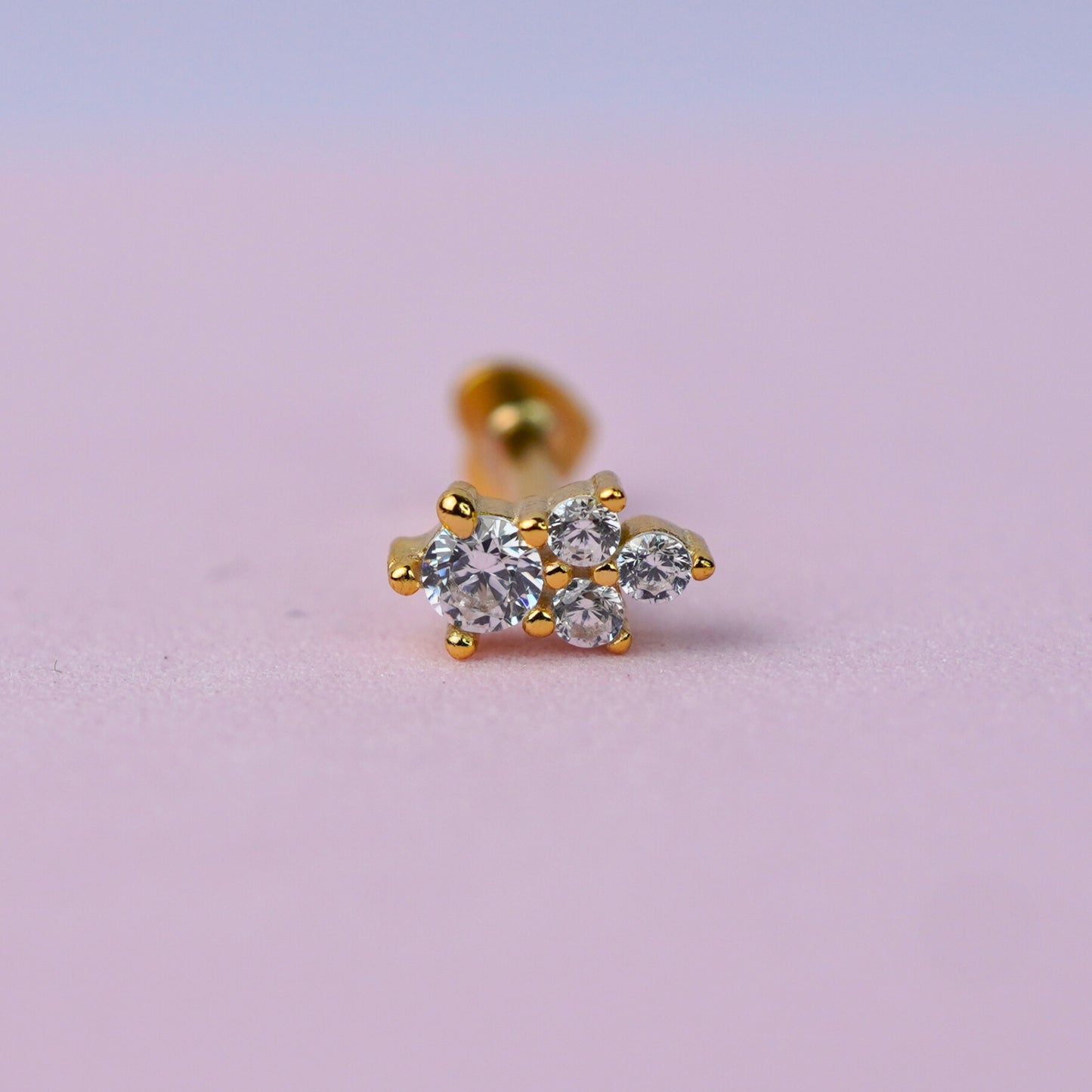 Four Stone Cluster Flat Back Earring with Cubic Zirconia - 14K Gold Plated Sterling Silver