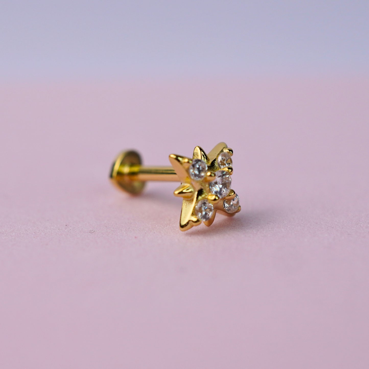 Star Stud Earring Flat Back with Cubic Zirconia - 14K Gold Plated Sterling Silver