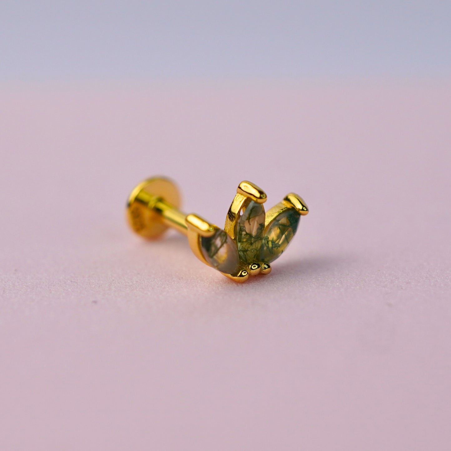 Triple Marquise Flat Back Stud Earring with Moss Agate - 14K Gold Plated Sterling Silver
