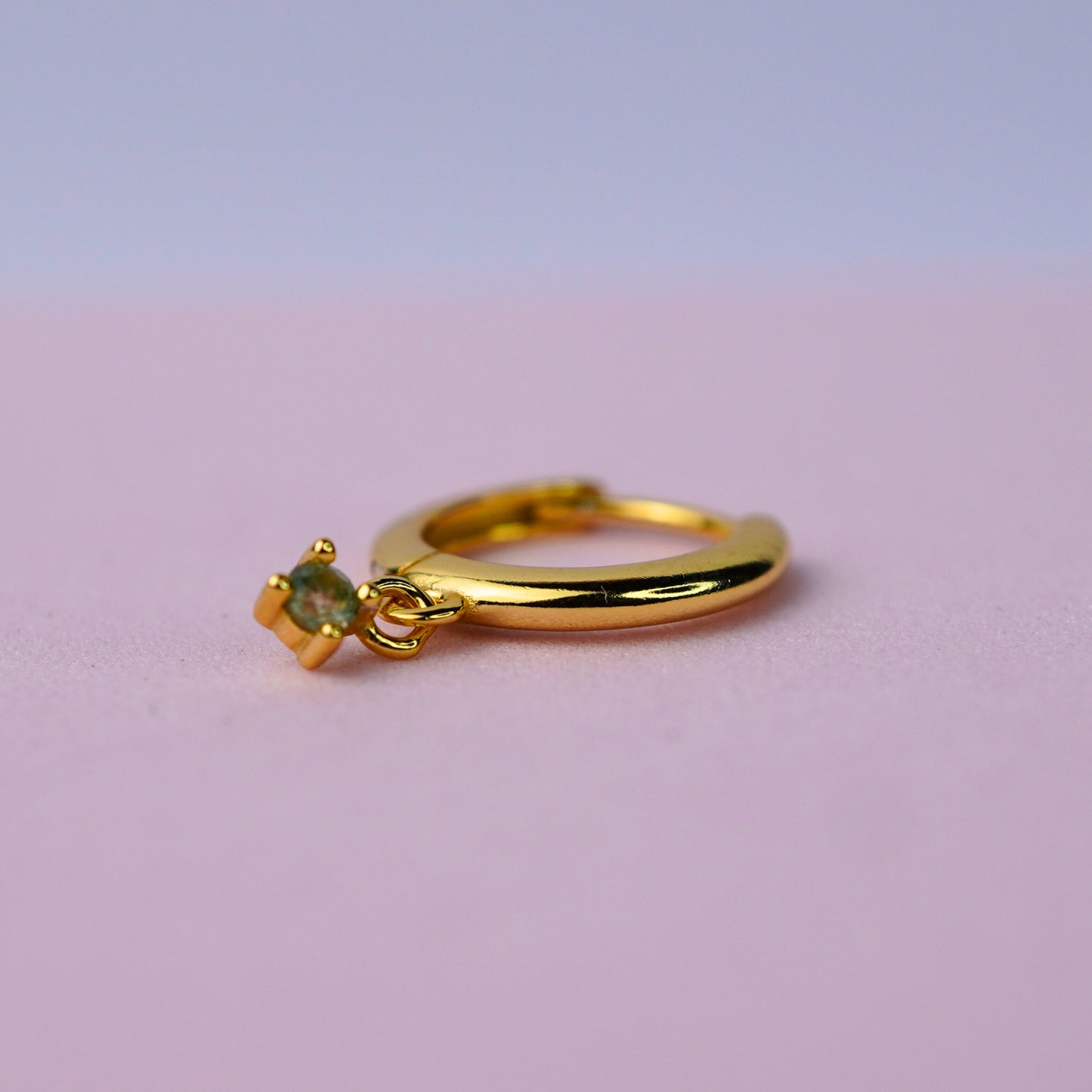 Huggie Hoop Earrings with Moss Agate Charm - 14K Gold Plated Sterling Silver