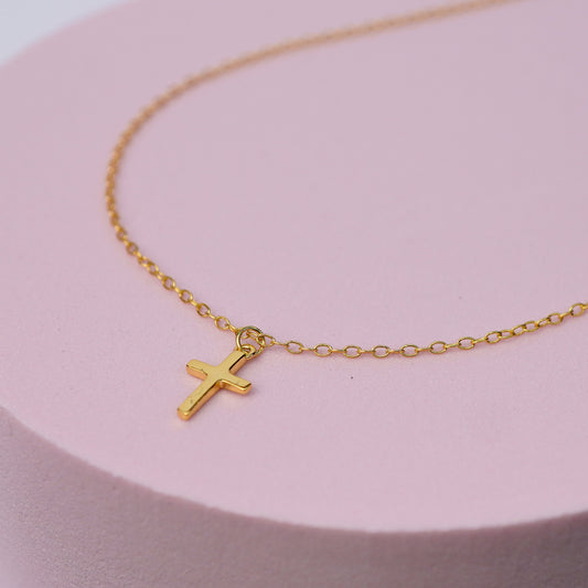 Small Cross Pendant Necklace - 14K Gold Plated Sterling Silver