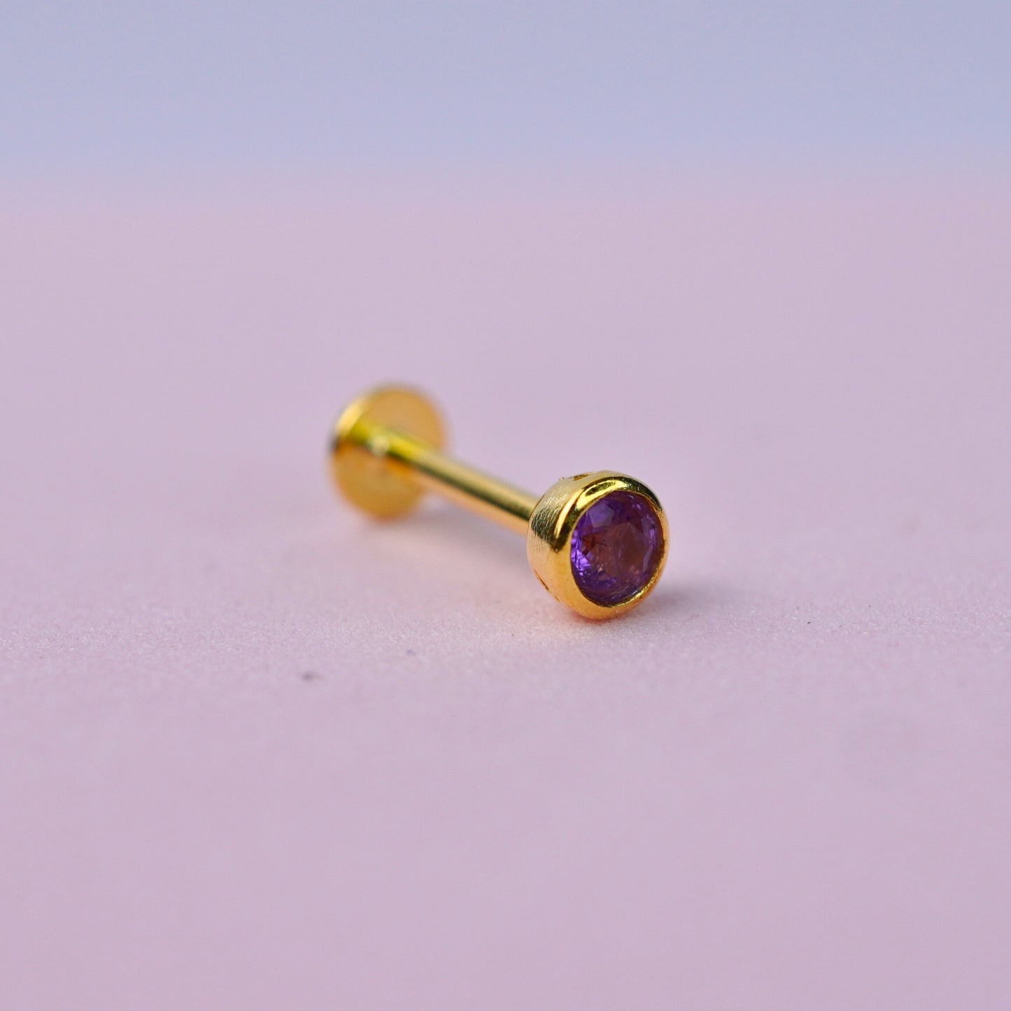 Round Bezel Set Flat Back Earring with Amethyst - 14K Gold Plated Sterling Silver