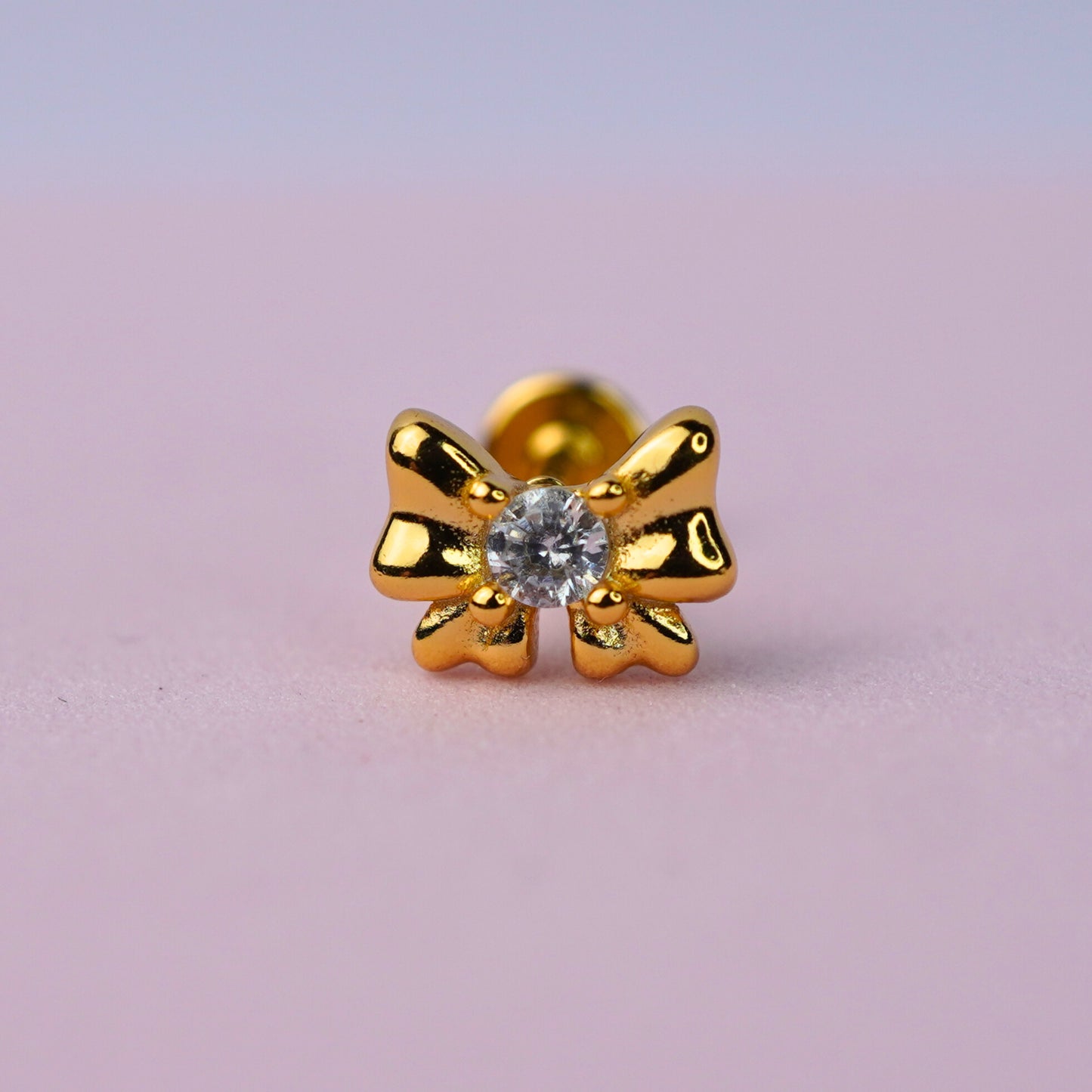 Bow Flat Back Earring with Cubic Zirconia - 14K Gold Plated Sterling Silver