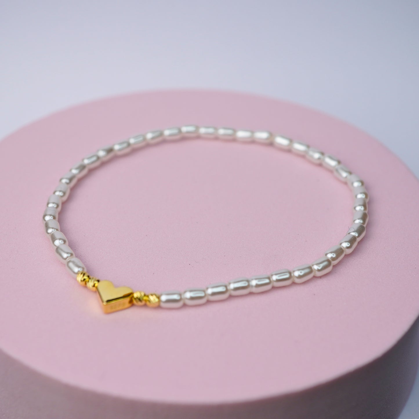 Heart Charm Stretch Bracelet with Pearl Seed Beads - 14K Gold Plated Sterling Silver