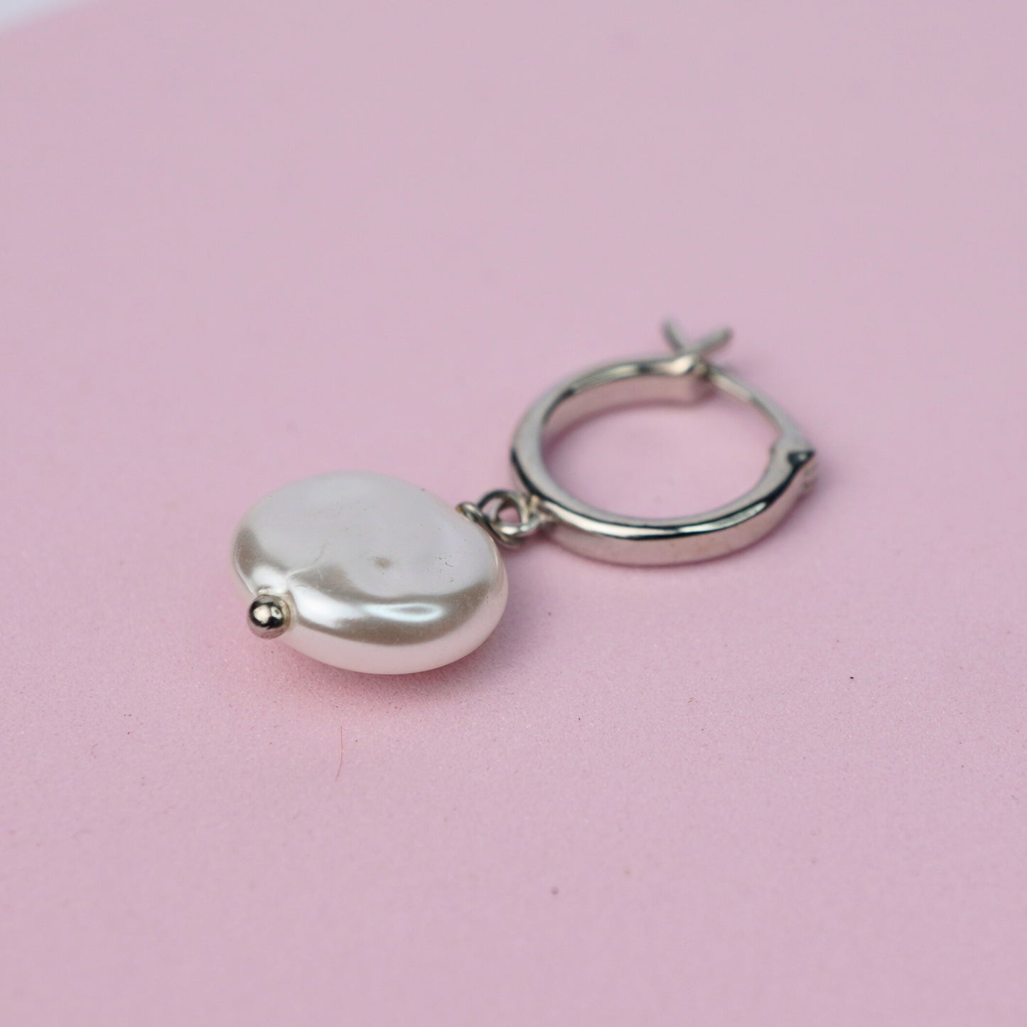 Huggie Hoop Earrings with flat Pearl Charm - Sterling Silver
