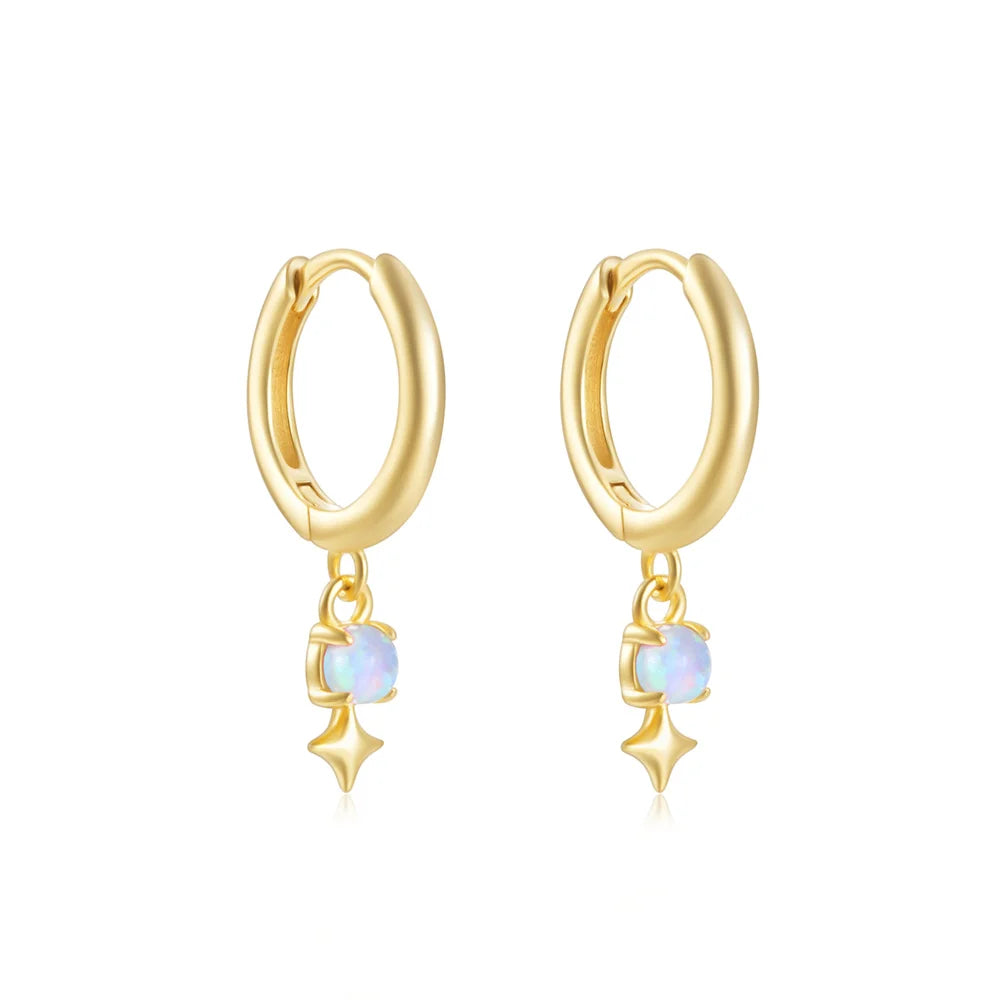 Huggie Hoop Earrings with Opal and Star Charm - 14K Gold Plated Sterling Silver