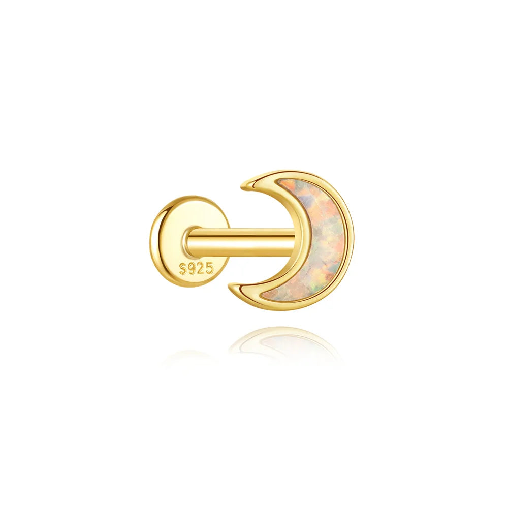 Crescent Moon Stud Flat Back Earring with Opal - 14K Gold Plated Sterling Silver