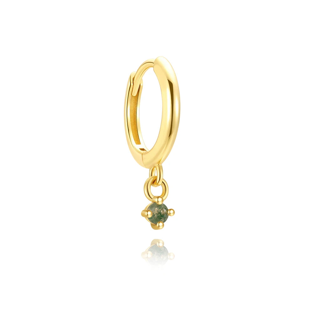 Huggie Hoop Earrings with Moss Agate Charm - 14K Gold Plated Sterling Silver
