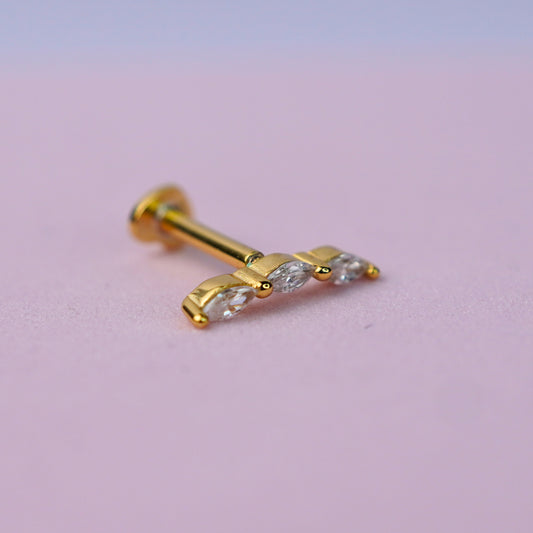 Triple Marquise Curved Flat Back Earring with Cubic Zirconia - 14K Gold Plated Sterling Silver