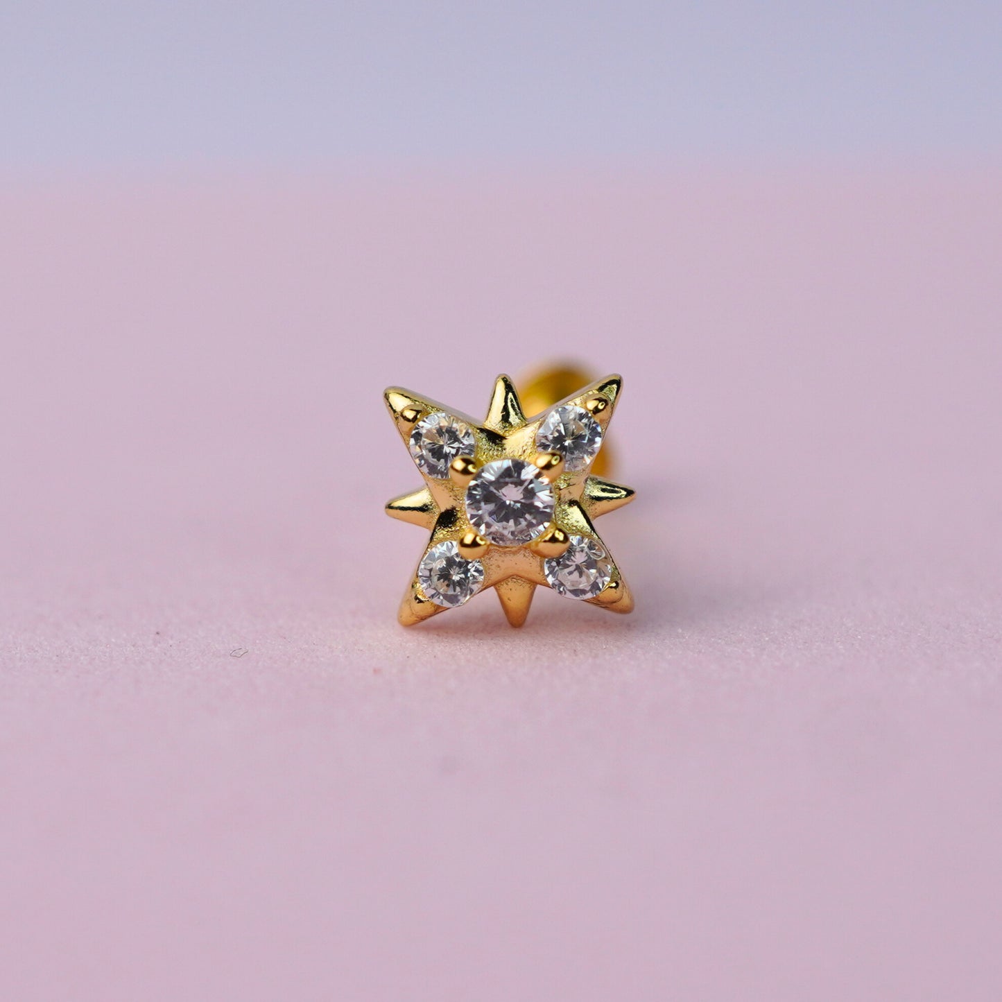 Star Stud Earring Flat Back with Cubic Zirconia - 14K Gold Plated Sterling Silver