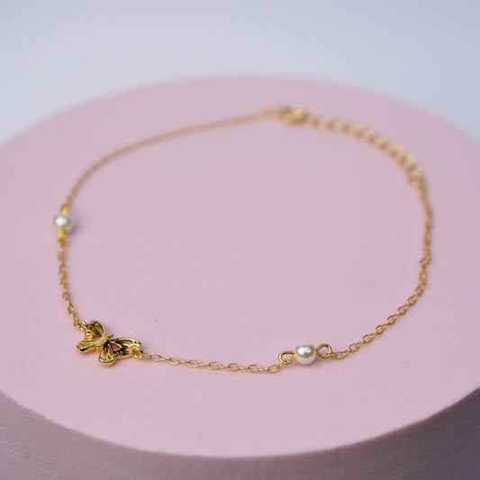 Butterfly Bracelet with Pearls - 14K Gold Plated Sterling Silver