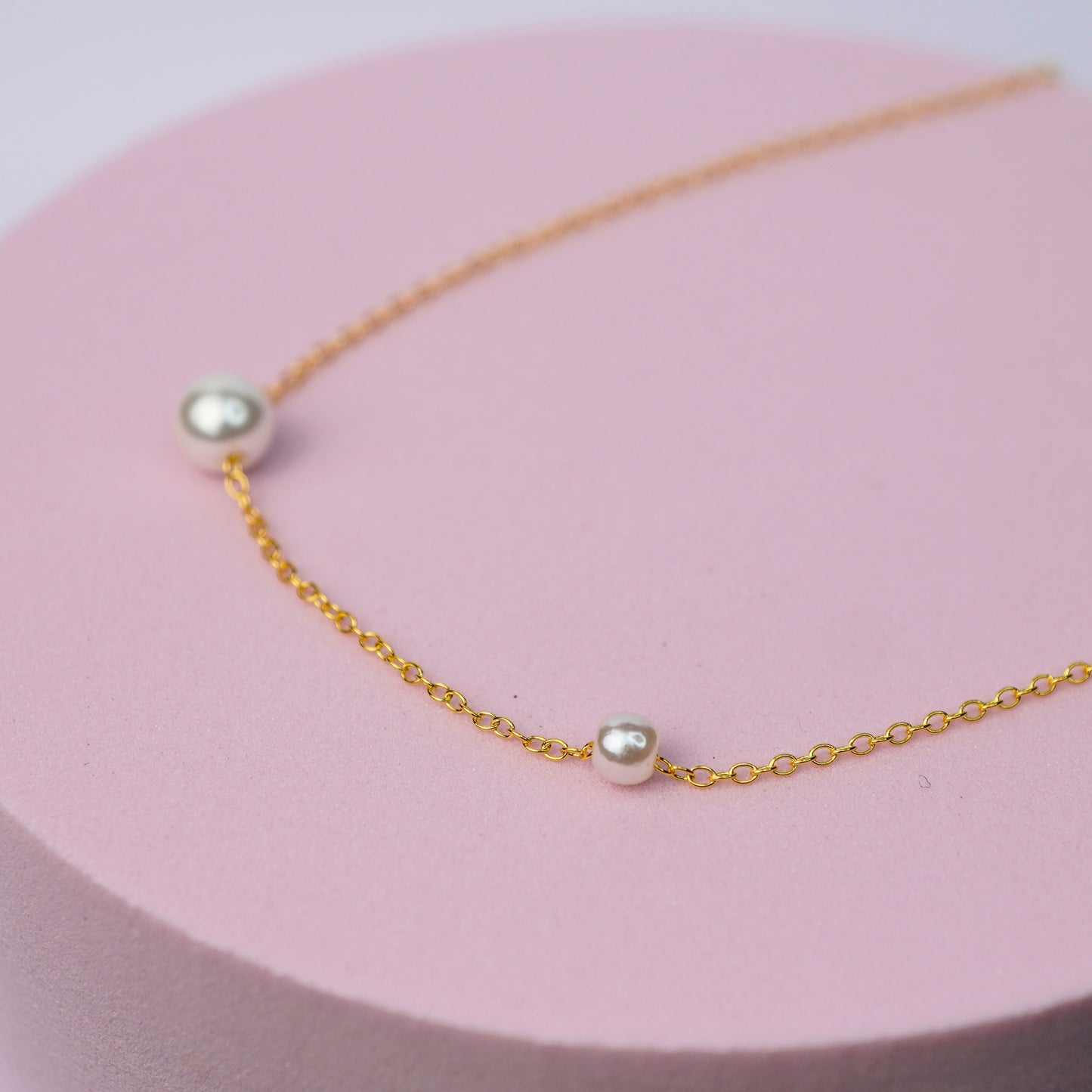 Double Pearl Station Necklace - 14K Gold Plated Sterling Silver