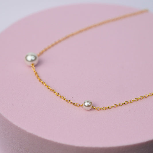 Double Pearl Station Necklace - 14K Gold Plated Sterling Silver