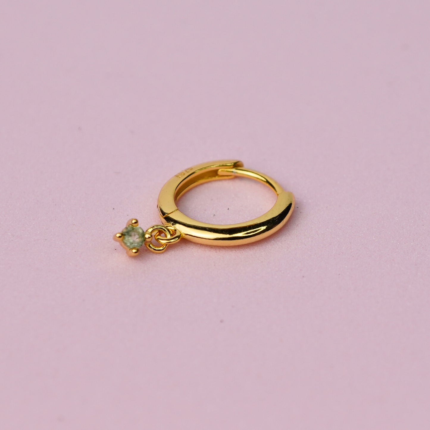 Huggie Hoop Earrings with Moss Agate Charm - 14K Gold Plated Sterling Silver