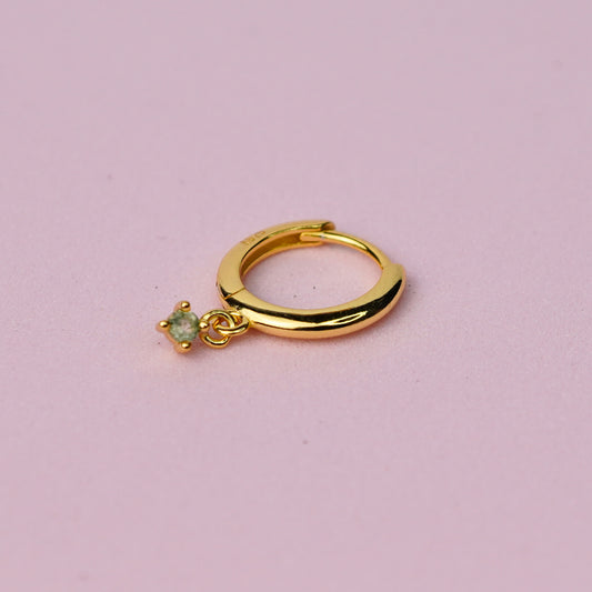 Huggie Hoop Earrings with Moss Agate Charm - 14K Gold Plated Sterling Silver