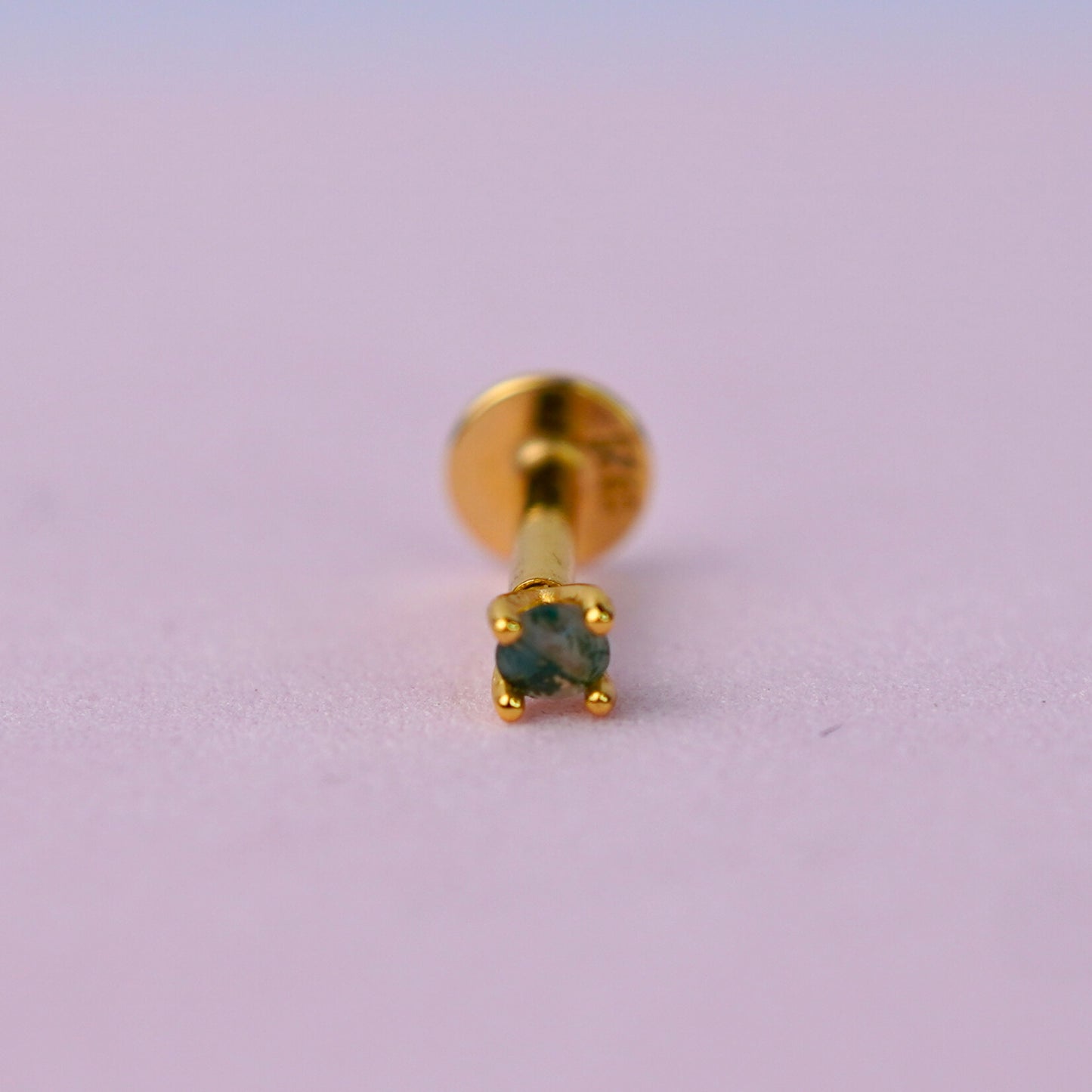 Mini Round Prong Set Stud Earring with Moss Agate - 14K Gold Plated Sterling Silver