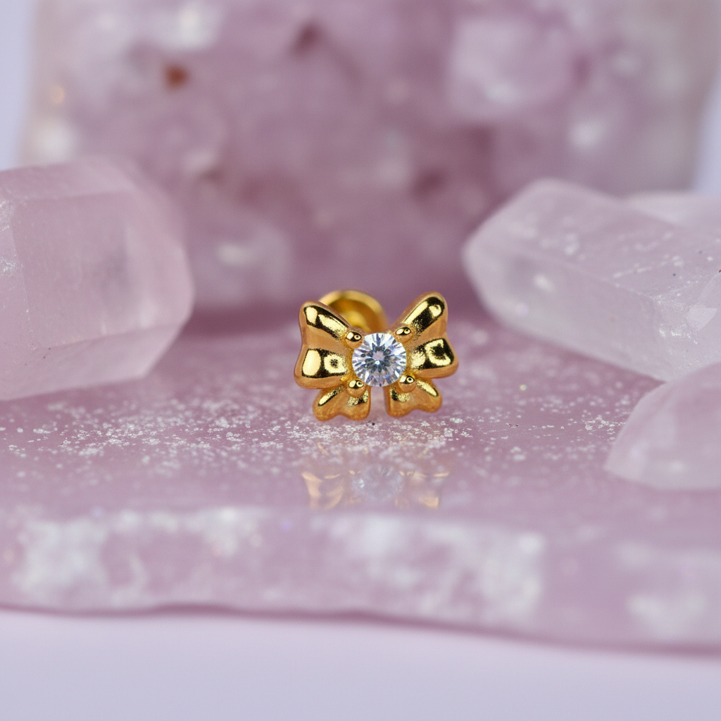 Bow Flat Back Earring with Cubic Zirconia - 14K Gold Plated Sterling Silver