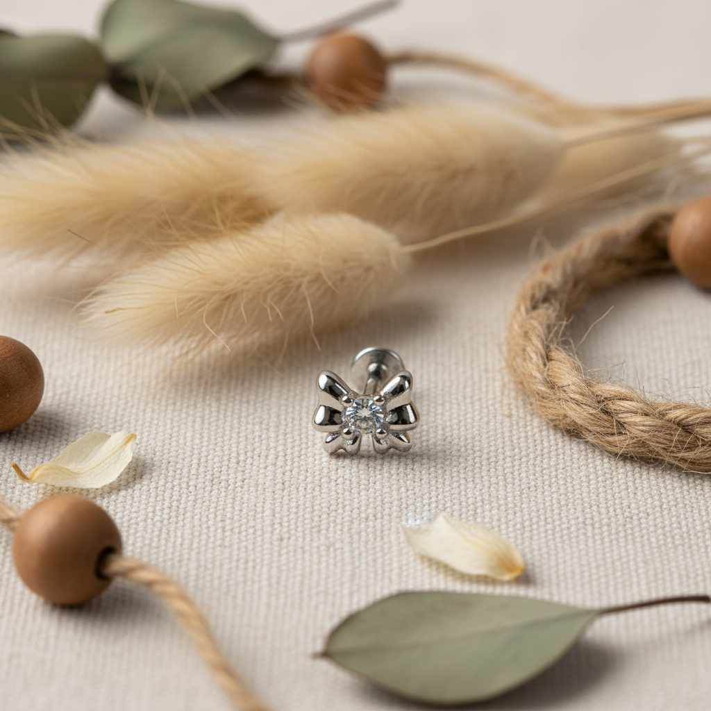 Bow Flat Back Earring with Cubic Zirconia - Sterling Silver