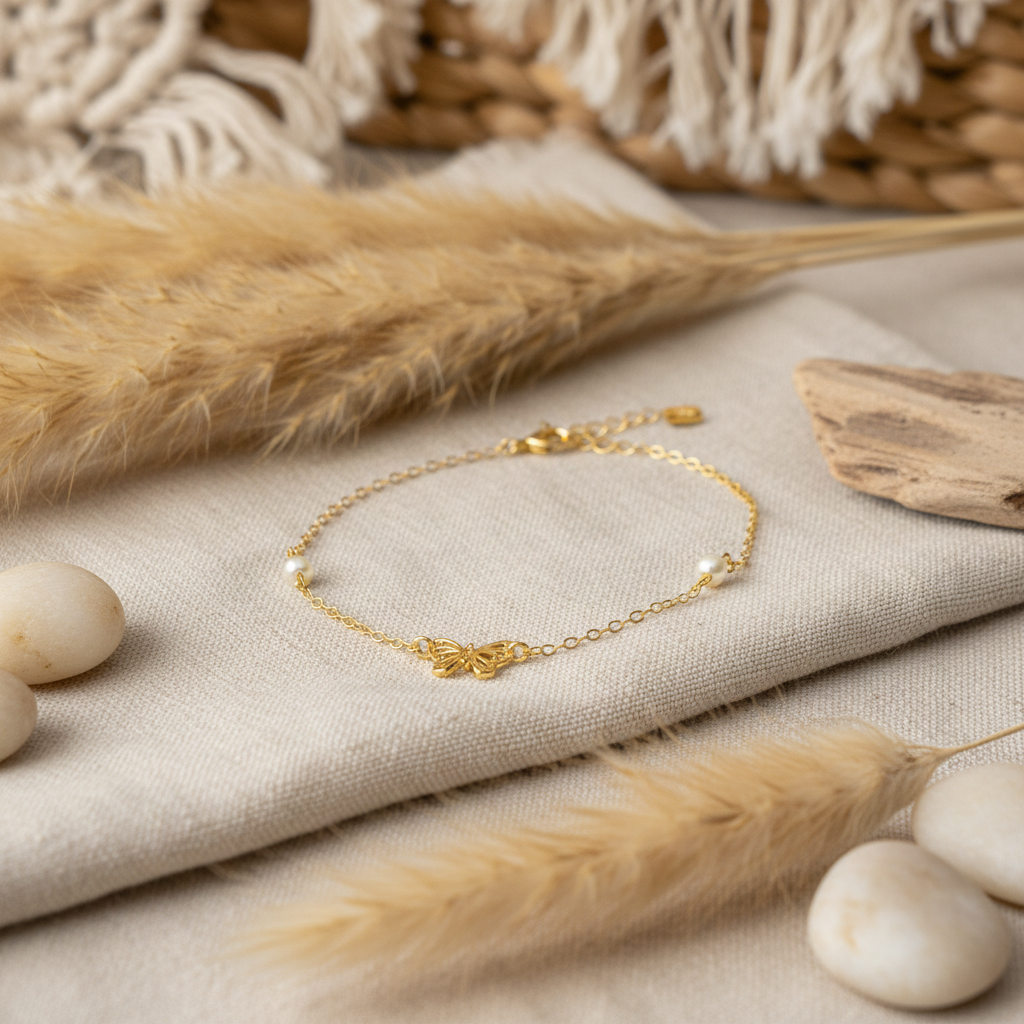 Butterfly Bracelet with Pearls - 14K Gold Plated Sterling Silver