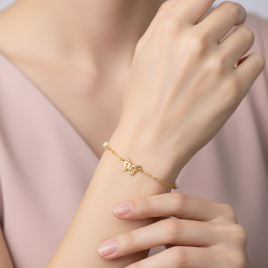 Butterfly Bracelet with Pearls - 14K Gold Plated Sterling Silver