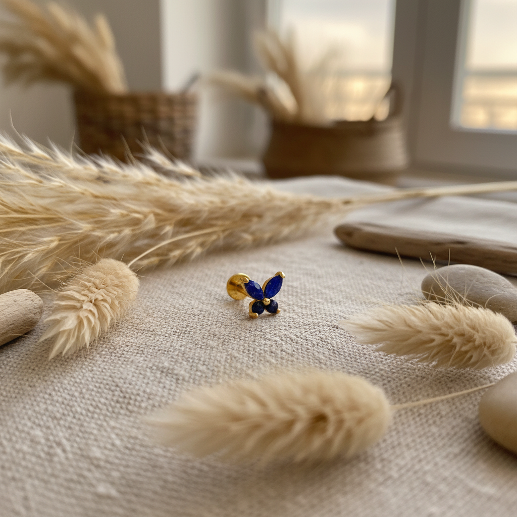 Butterfly Stud Earring with Lapis Lazuli - 14K Gold Plated Sterling Silver