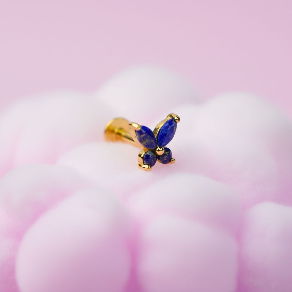 Butterfly Stud Earring with Lapis Lazuli - 14K Gold Plated Sterling Silver