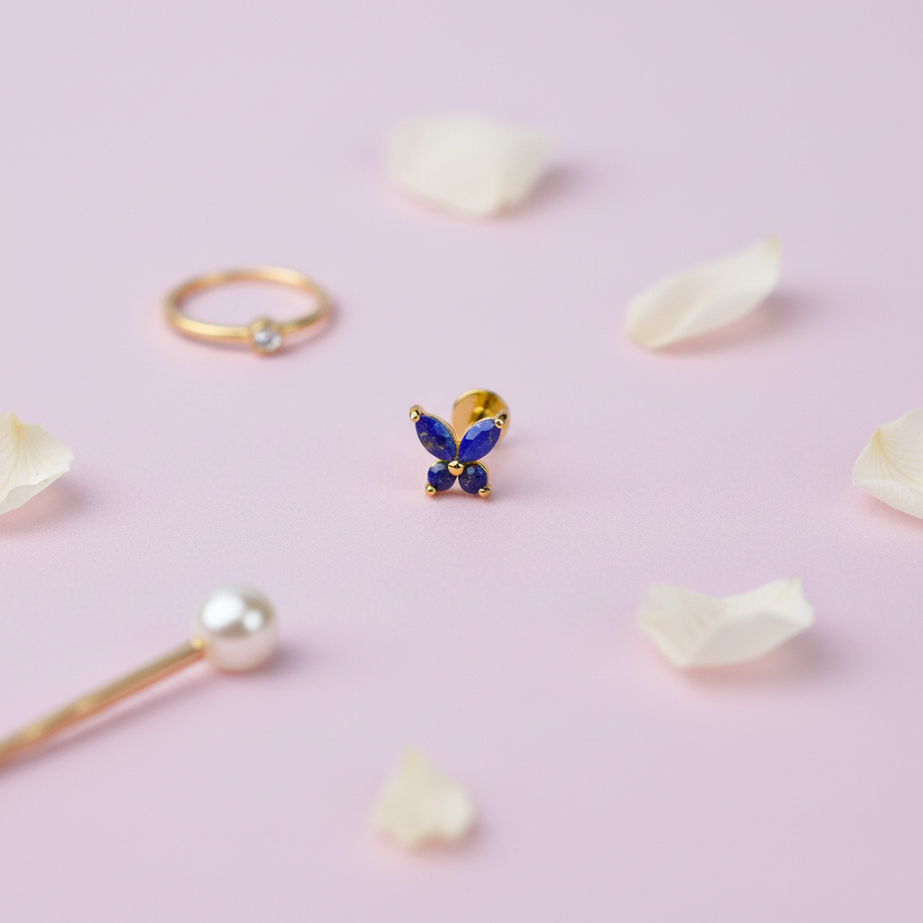 Butterfly Stud Earring with Lapis Lazuli - 14K Gold Plated Sterling Silver