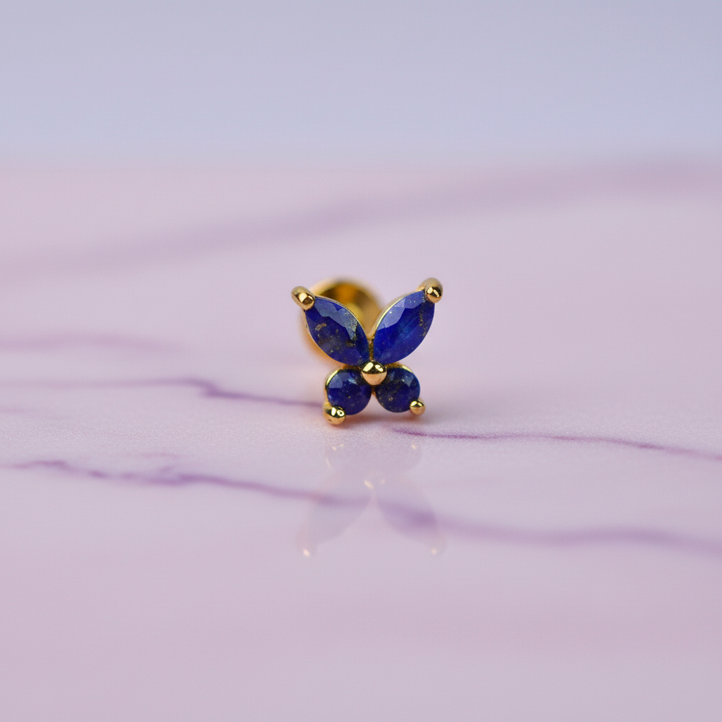 Butterfly Stud Earring with Lapis Lazuli - 14K Gold Plated Sterling Silver