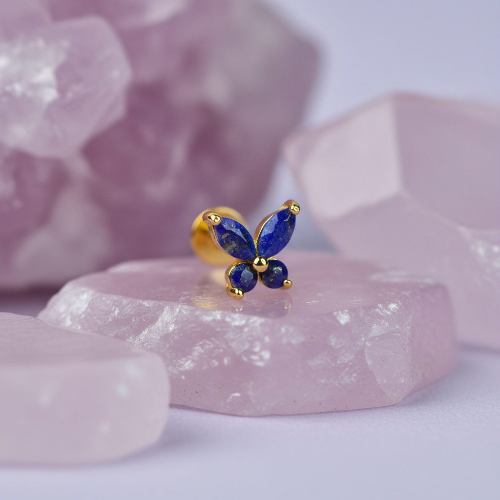 Butterfly Stud Earring with Lapis Lazuli - 14K Gold Plated Sterling Silver
