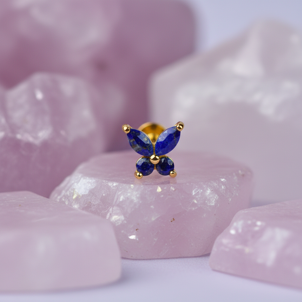 Butterfly Stud Earring with Lapis Lazuli - 14K Gold Plated Sterling Silver