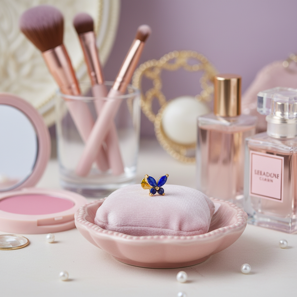 Butterfly Stud Earring with Lapis Lazuli - 14K Gold Plated Sterling Silver