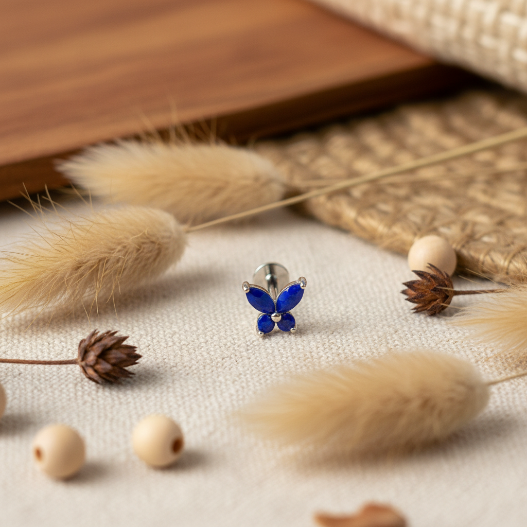 Butterfly Stud Flat Back Earring with Lapis Lazuli - Sterling Silver