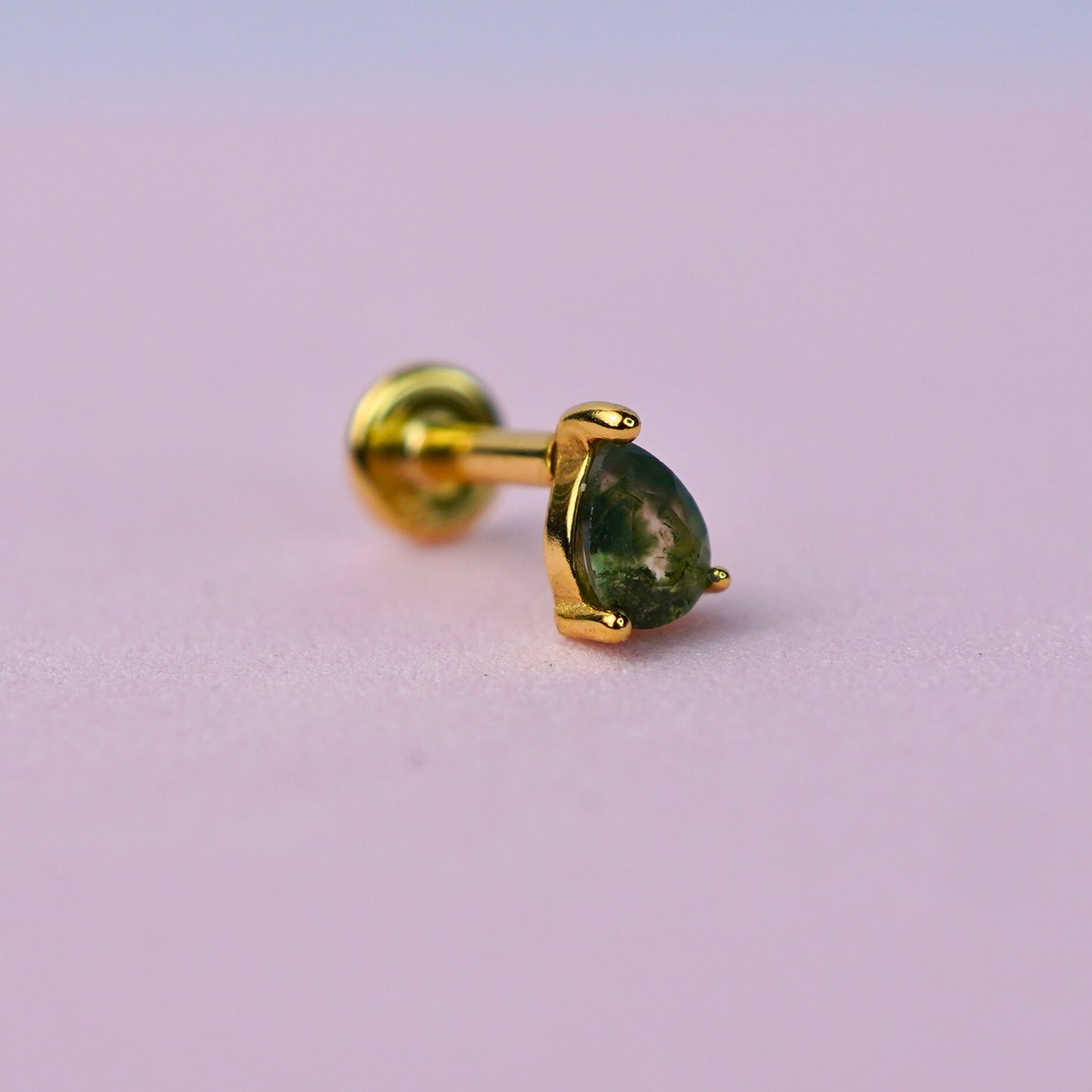 Pear Teardrop Stud Earring with Moss Agate - 14K Gold Plated Sterling Silver