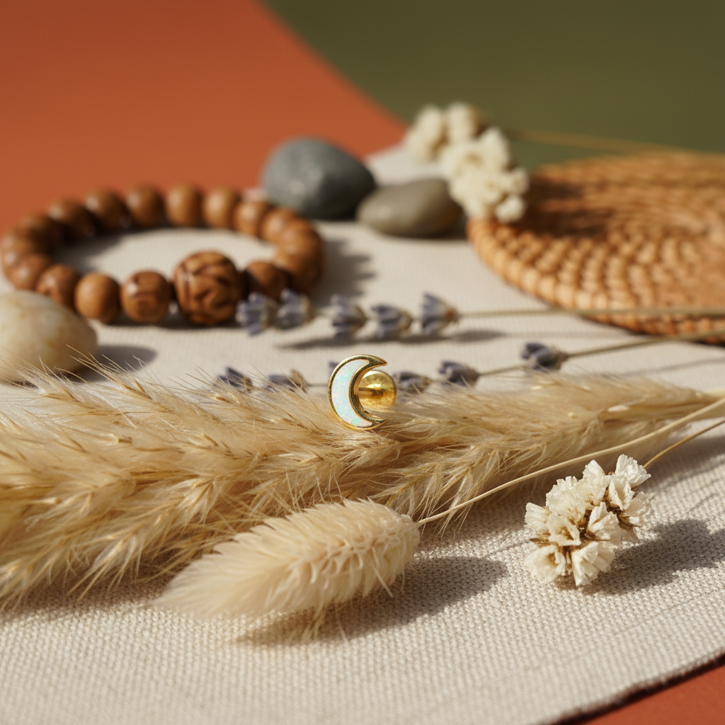 Crescent Moon Stud Flat Back Earring with Opal - 14K Gold Plated Sterling Silver