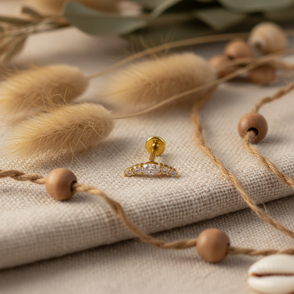 Curved Bar flat back Earring with Cubic Zirconia - 14K Gold Plated Sterling Silver