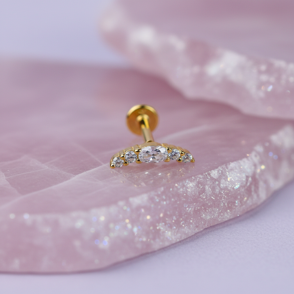 Curved Bar flat back Earring with Cubic Zirconia - 14K Gold Plated Sterling Silver