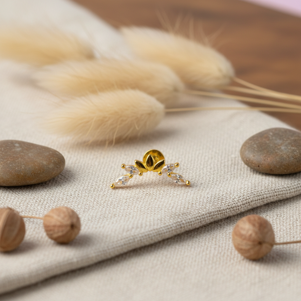 Curved Petal Stud Earring with Cubic Zirconia - 14K Gold Plated Sterling Silver