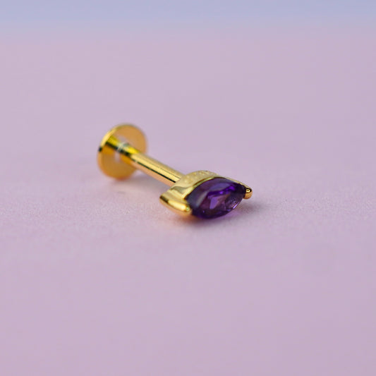 Pear Teardrop Stud Earring with Amethyst - 14K Gold Plated Sterling Silver