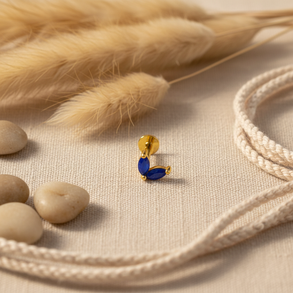 Double Marquise Flat Back Earring with Lapis Lazuli - 14K Gold Plated Sterling Silver