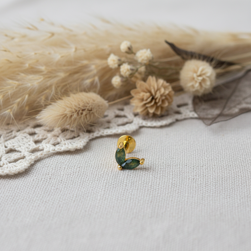 Double Stone Flat Back Stud Earring with Moss Agate -14K Gold Plated Sterling Silver