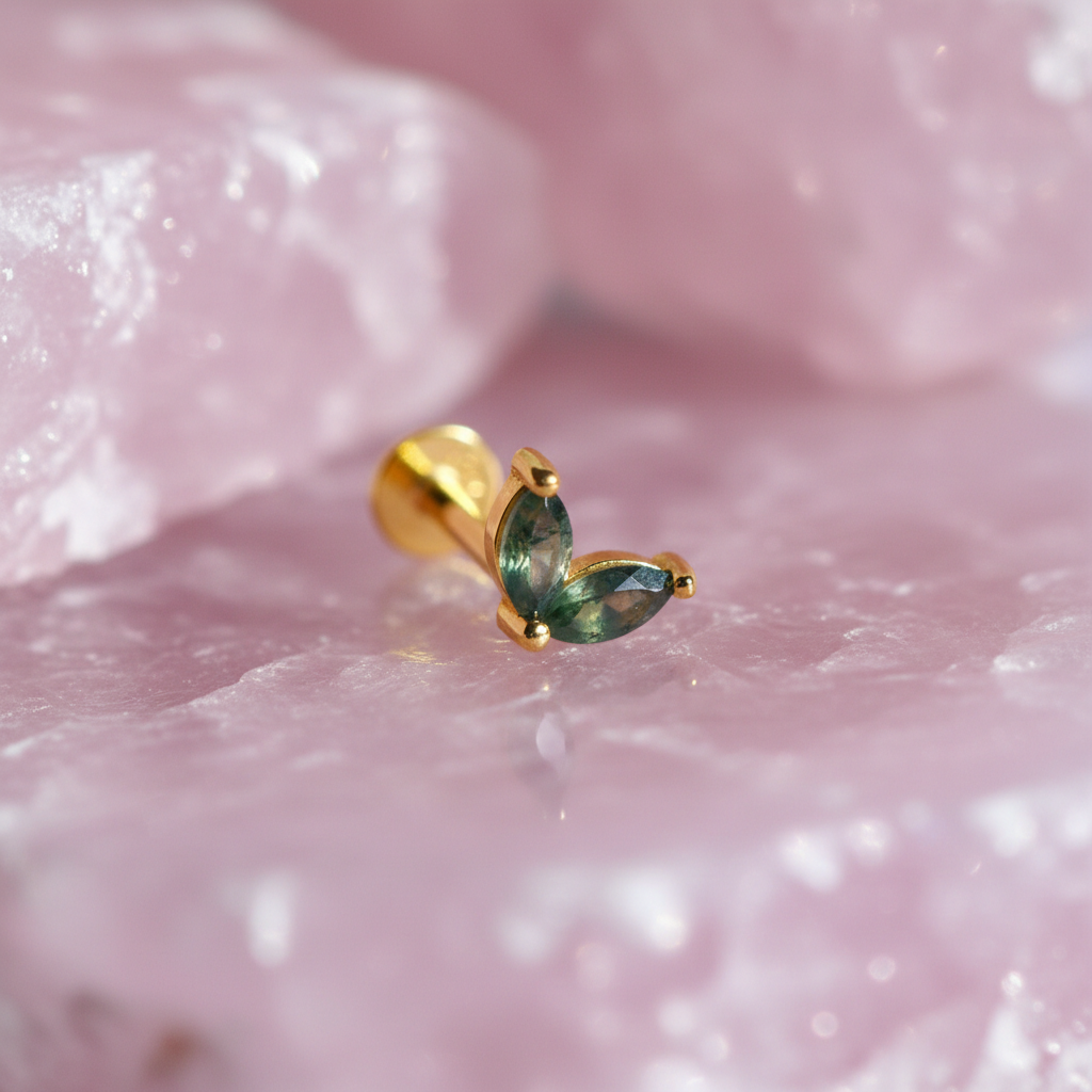 Double Stone Flat Back Stud Earring with Moss Agate -14K Gold Plated Sterling Silver