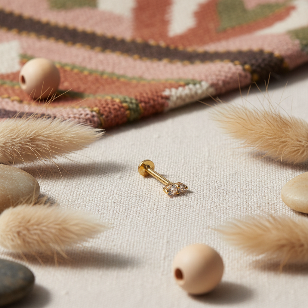 Double Stone Stud Flat back Earring with Cubic Zirconia - 14K Gold Plated Sterling Silver