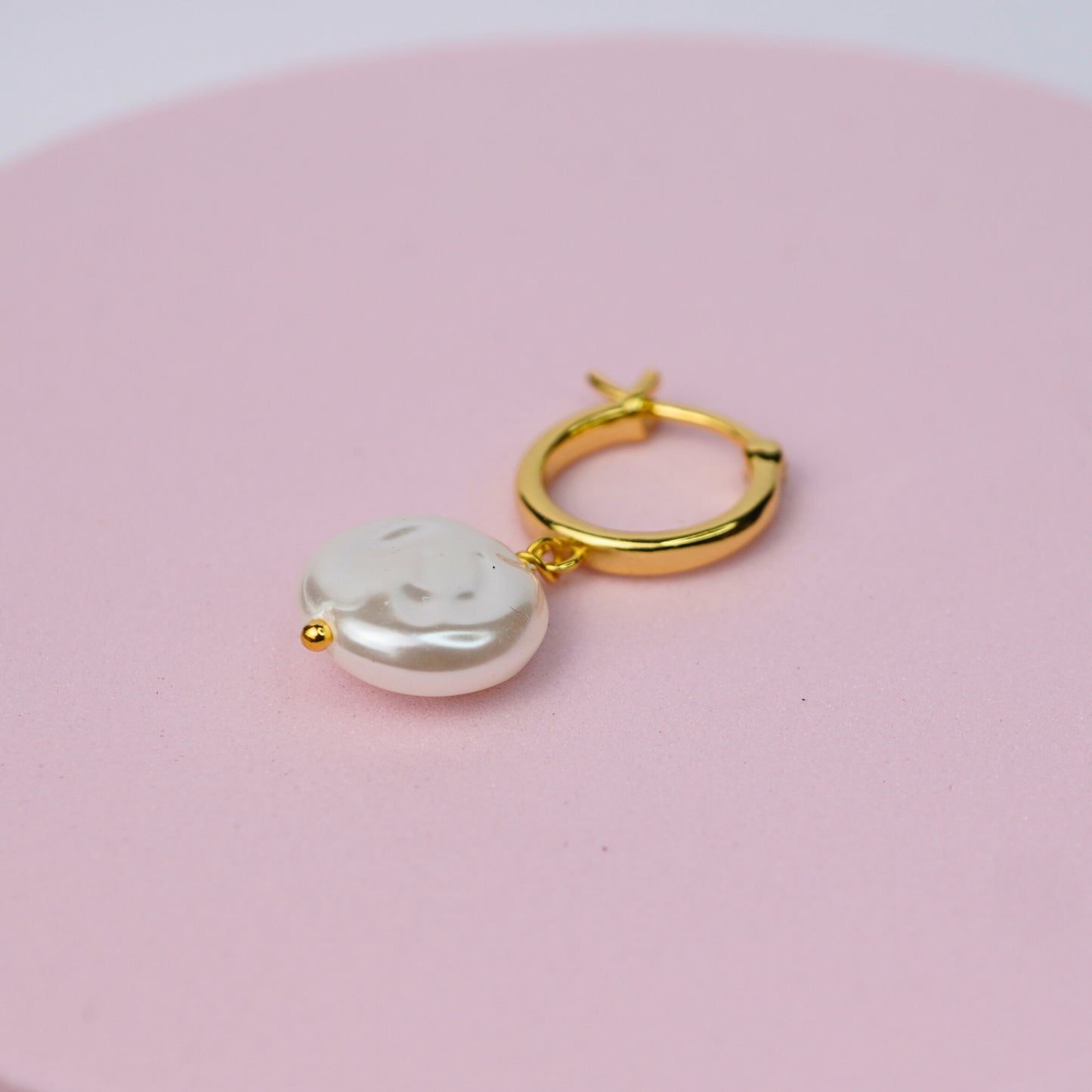 Huggie Hoop Earrings with flat Pearl Charm - 14K Gold Plated Sterling Silver